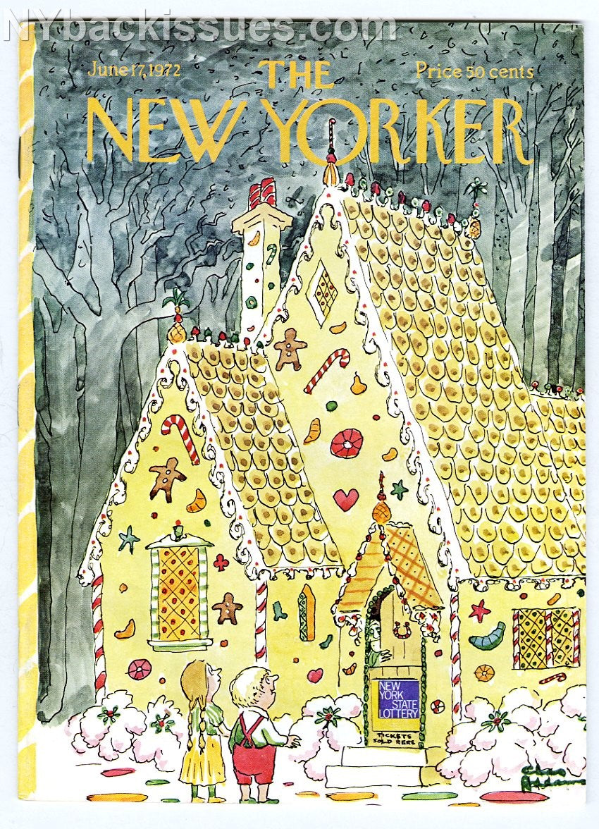 New Yorker magazine June 17 1972 Charles Addams Hansel & Gretl witch candy house with New York tate Lottery sign cover Eyre De Lanux NEAR MINT